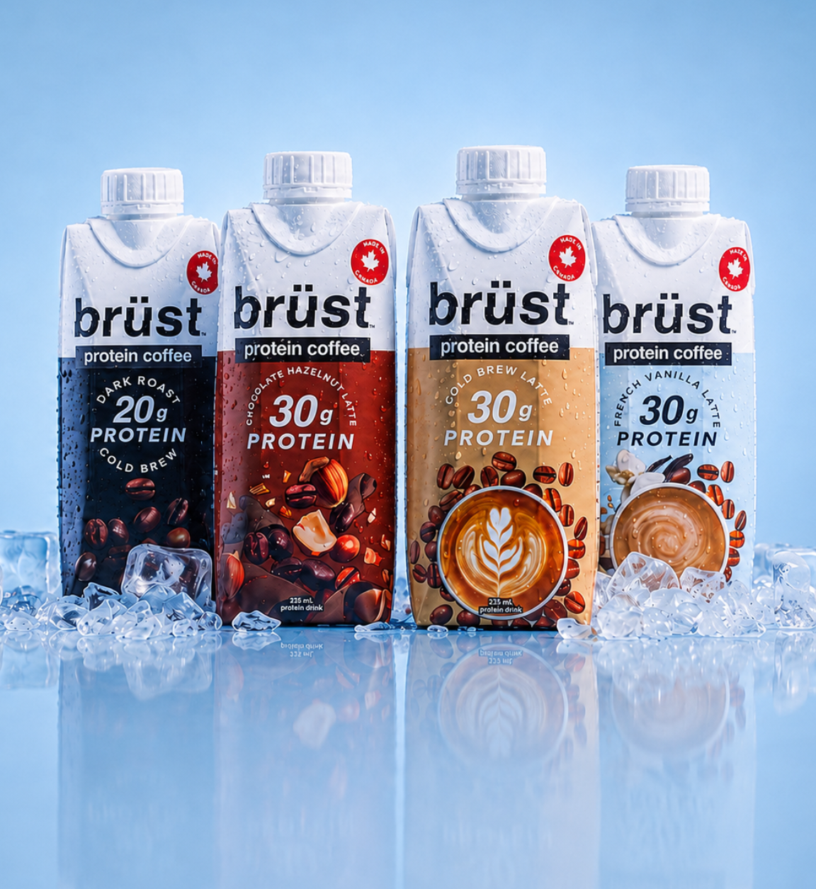 Four Brüst protein coffee cartons arranged in a row on ice against a light blue background. The cartons are labeled for cold brew, espresso flat white, and vanilla coffee flavors, with varying protein content markings of 20g, 30g, and 30g protein.