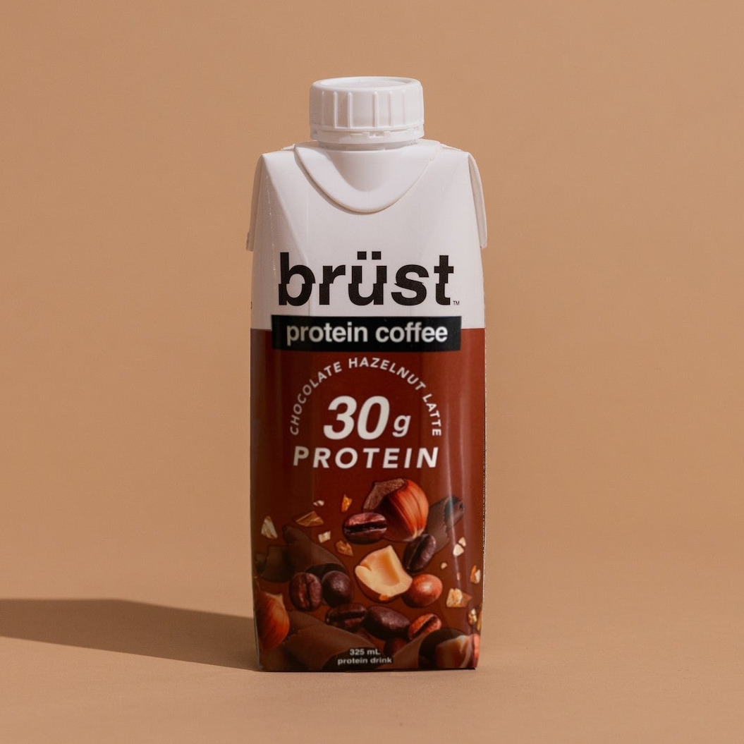 brüst chocolate hazelnut latte protein cold brew coffee bottle with 30g protein label
