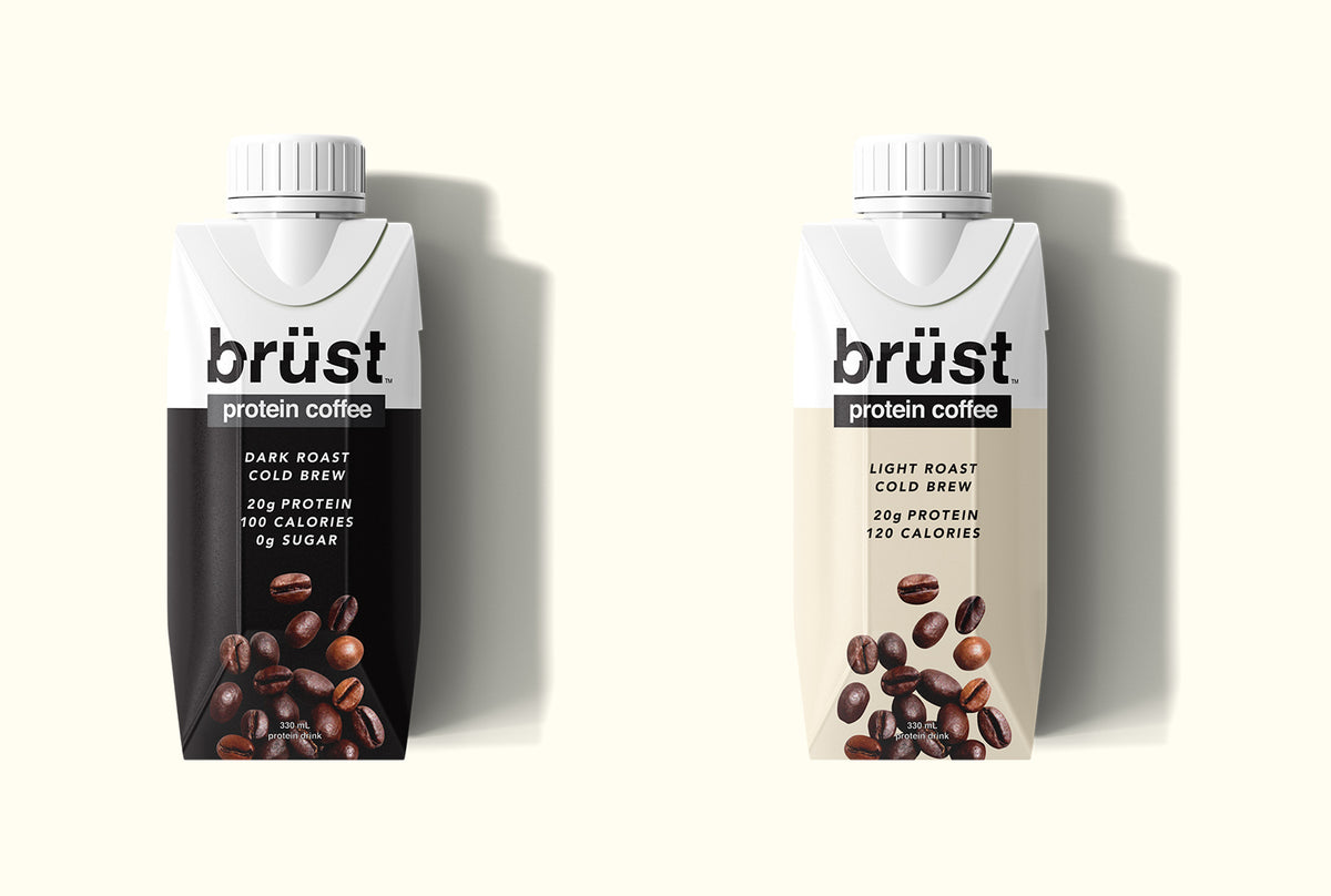 brüst sample pack — dark roast and light roast protein cold brew coffee bottles side by side