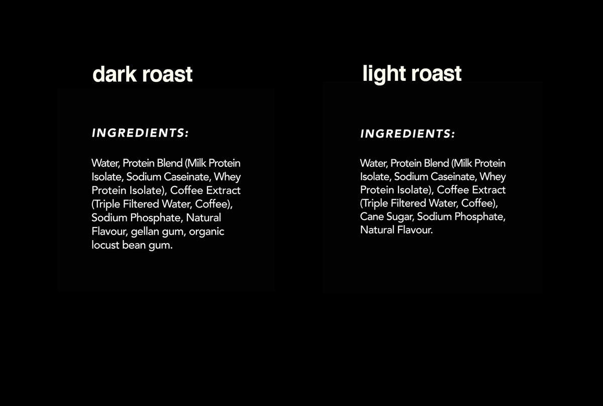 brüst dark roast and light roast protein coffee ingredients lists side by side